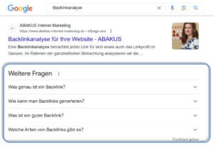 SERP zum Suchbegriff Backlinkanalyse ist ABAKUS Internet Marketing GmbH auf Platz 1 mit ansprechpartnerin Anna Pianka 