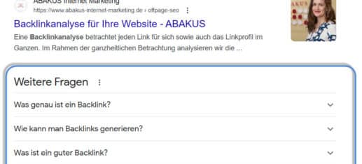 SERP zum Suchbegriff Backlinkanalyse ist ABAKUS Internet Marketing GmbH auf Platz 1 mit ansprechpartnerin Anna Pianka