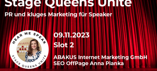 Anna Pianka von der Abakus Internet Marketing GmbH hält beim Online-Event Stage Queens Unite am 09.11.2023 den Vortrag "PR und kluges Marketing für Speaker".