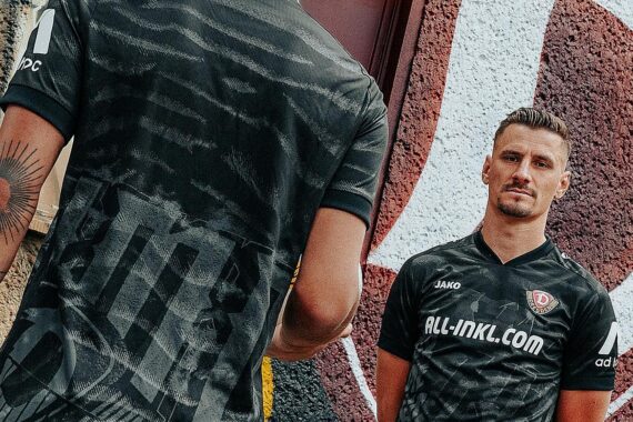 Neues schwarzes Auswärtstrikot von Dynamo Dresden, inspiriert von Streetart und regionalen Motiven.