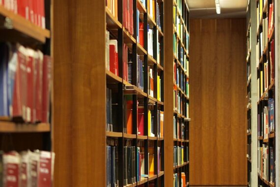 Bücherregale in einer Bibliothek, symbolisieren Wissenschaft und Habilitationserfolge in Deutschland.