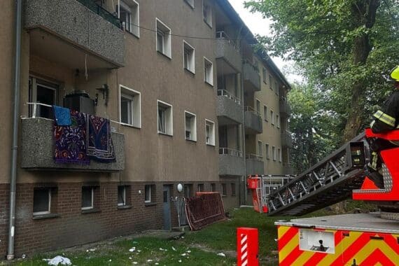 Feuerwehr rettet sieben Bewohner und zwei Hunde nach Kellerbrand in Mehrfamilienhaus in Bergheim.