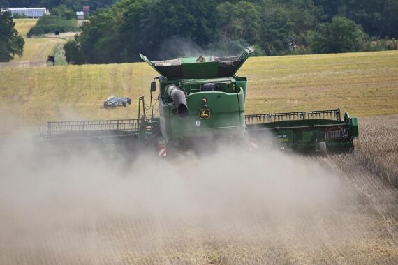 Mähdrescher bei der Weizenernte in Nordrhein-Westfalen, mit goldenem Getreidefeld im Hintergrund.