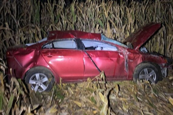Schwerer Verkehrsunfall auf der A65: verunfallter Pkw im Maisfeld, Polizei sucht Zeugen.