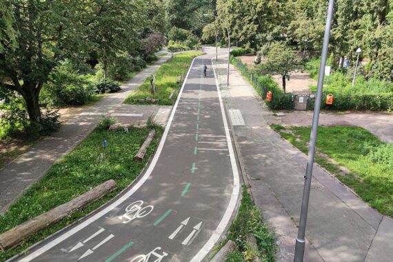 Radfahrer auf neuem Radweg, umgeben von grüner Landschaft, symbolisiert Fortschritt in Radverkehrsinfrastruktur.