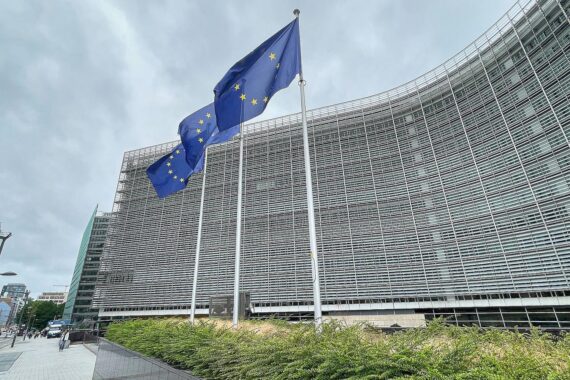 EU-Fahnen auf blauem Hintergrund, symbolisieren Artenschutz und Förderung der Feldhamsterpopulation in Sachsen.