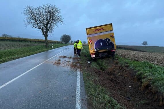 Lastwagen im Grünstreifen nach Ausweichmanöver, Polizei sucht Zeugen des Vorfalls.