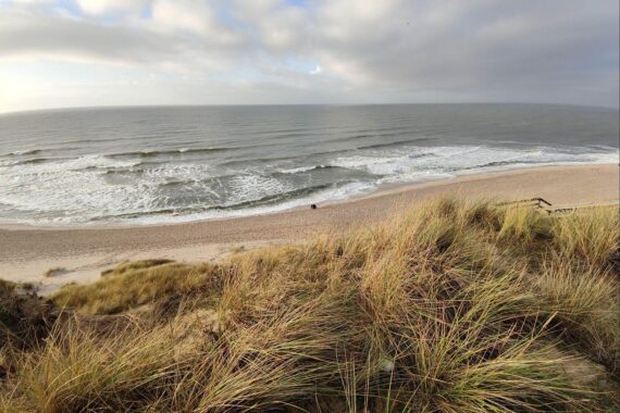 Nebelige Dünenlandschaft am Strand, typisches Herbstwetter mit Wolken und trübem Himmel.