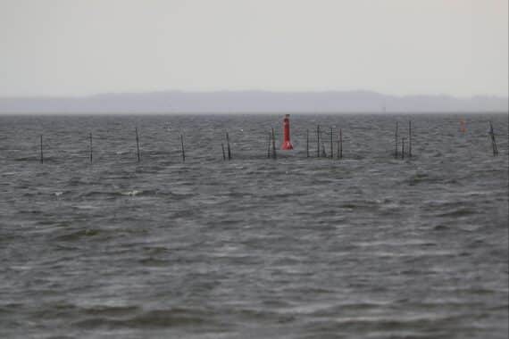 Stark bewölkter Himmel über Stettiner Haff, möglicherweise mit Regen oder Schneeregen.