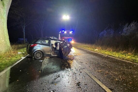 Unfallfahrzeug an Landstraße, Feuerwehrleute sichern die Unfallstelle, Einsatzkräfte arbeiten zusammen.