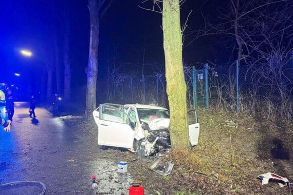 Ein schwer deformierter Kleinwagen prallt gegen einen Baum, Feuerwehr und Rettungsdienst im Einsatz.