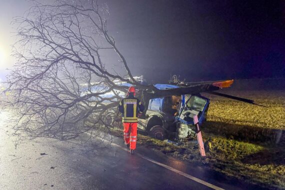 Tanklastzug im Graben, umgestürzter Baum blockiert Straße, Feuerwehr räumt Unfallstelle.