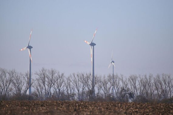 Windräder unter blauem Himmel mit Fokus auf neue Gesetzentwürfe zur Bürgerbeteiligung.