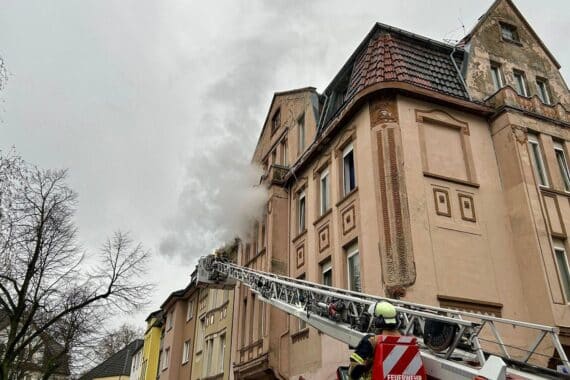 Einsatz der Feuerwehr mit Drehleiter zur Rettung von Menschen und Tieren bei Wohnungsbrand.