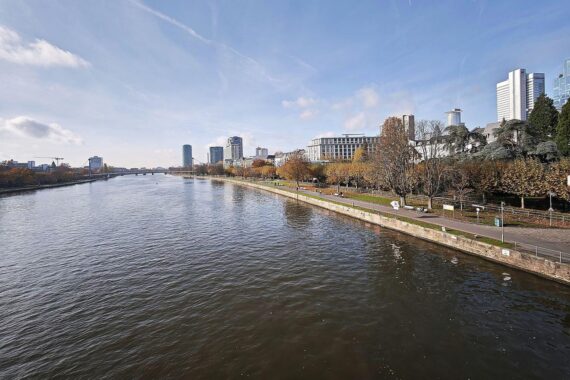 Frankfurter Skyline mit Bildern von Wohngeldformulare und KI-Assistenzsystem im Hintergrund.