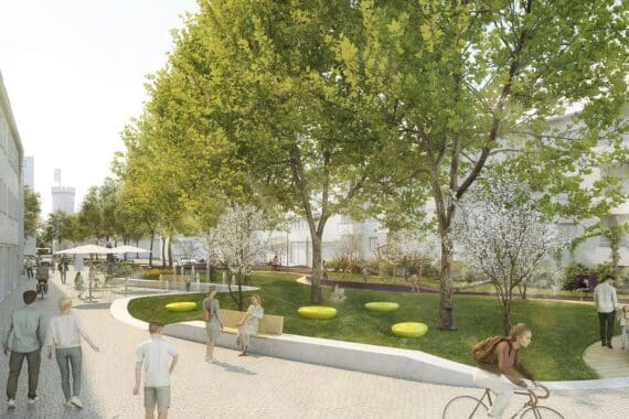 Visualisieren Sie eine grüne, einladende Stadtstraße mit Spielplätzen, Wasserflächen und viel Pflanzen.