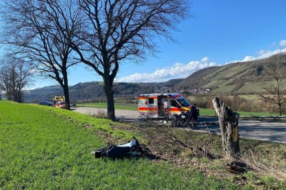 Motorradfahrer verletzt sich schwer nach Unfall auf L234; Unfallstelle mit Polizei und Baum.