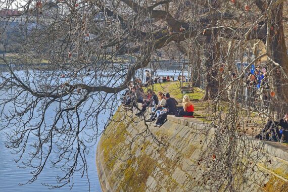 Sonniger Frühlingstag in Berlin mit blauen Himmel und ersten Blumen der Saison.