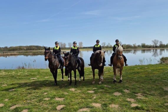 Polizeireiter im Biosphärenreservat, Natur schützen, Gespräch mit Besuchern, ruhige Landschaft.
