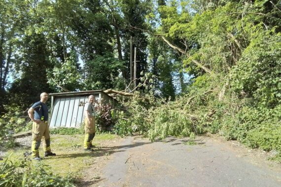 Blockierte Straße mit umgefallenem Baum, Feuerwehr entfernt Äste und sichert Einsatzstelle.
