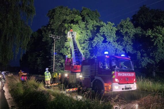 Feuerwehr bei Einsatz, entfernt Äste von Stromleitung nach möglichem Brand in Hünxe.