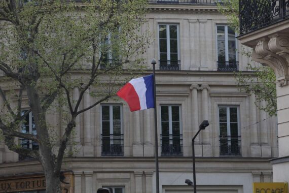 Französische Fahne mit symbolischer Darstellung von Ebola und Gesundheitsüberwachung in Frankreich.