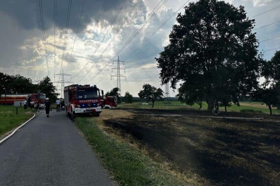 Flächenbrand auf Getreidefeld, Feuerwehr im Einsatz, Rauchentwicklung sichtbar, 35 Einsatzkräfte vor Ort.
