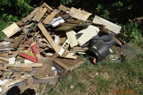 Illegaler Müllhaufen im Wald mit Gartenzwerg, Windmühle und bunten Brettern.