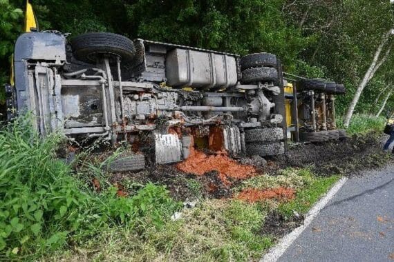 Verunfallter LKW im Graben, Eisenschlamm, Polizei, Bergungsarbeiten, Straßensperrung.
