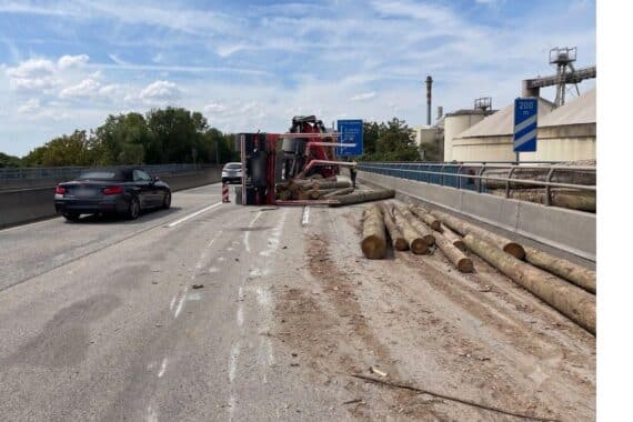 Schwerer Unfall auf der A60 bei Weisenauer Brücke: Lkw kippt, Baumstämme liegen auf Fahrbahn und Fahrradweg.