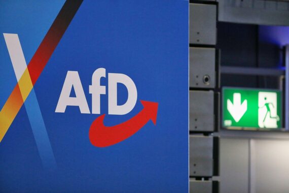 AfD-Logo (Archiv) neben brennendem Auto in Darmstadt, Hinweis auf mutmaßlichen Brandanschlag.