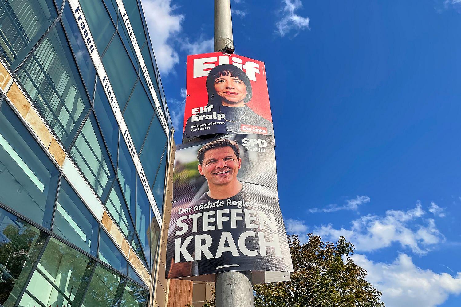 Wahlplakate zur Berliner Abgeordnetenhauswahl; SPD-Kritik an Linken/Grünen und Mietenpolitik.