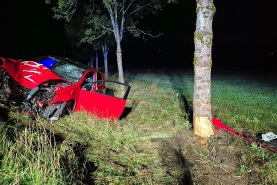 Verunfallter PKW nach Frontalstoß im Graben, Feuerwehr sichert Unfallstelle; Foto zeigt Einsatz (Archiv).