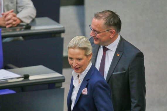 Alice Weidel und Tino Chrupalla im Archivfoto; AfD führt laut Umfrage vor CDU/CSU, Grüne und SPD.