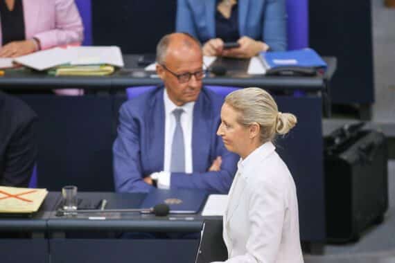 Friedrich Merz und Alice Weidel im Archivfoto; Merz verliert Vertrauen, Weidel liegt vorn im RTL/ntv Politiker-Ranking.