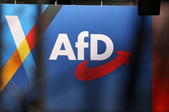 AfD-Logo (Archiv) im Bildhintergrund, verknüpft mit aktuellen Umfragewerten zur Bundestagswahl.