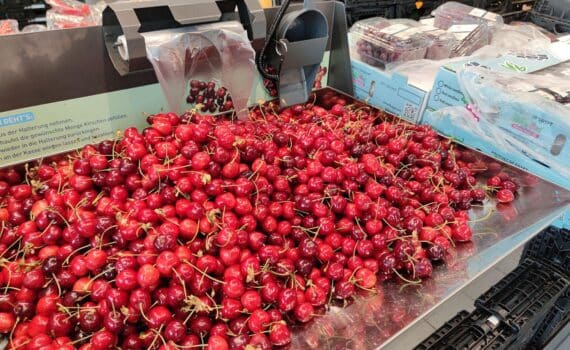 Kirschen im Supermarkt (Archivfoto) – deutsche Obstbaubetriebe berichten über gute Ernte 2026.