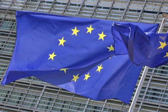 EU-Fahnen; Debatte um Eurobonds und gemeinsame EU-Schulden, liberale Ökonomen streiten über Leitwährung.