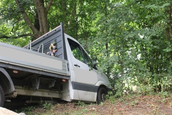 Sprinter rollt auf abschüssigem Privatweg gegen einen Baum; Baum verhindert Sturz in den Schleusenkanal.