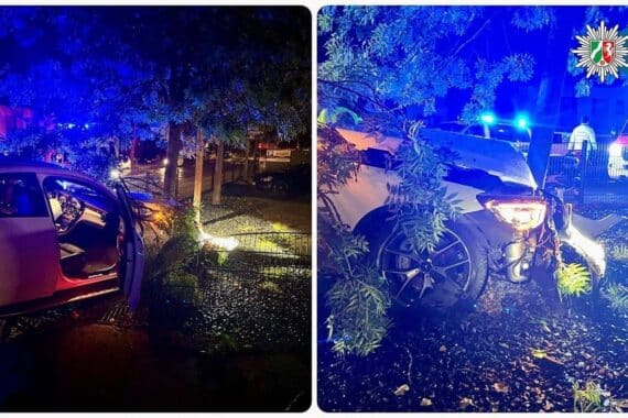 Unfall in Oberhausen-Osterfeld: beschädigter Mercedes, Polizei vor Einsatzstelle (Archiv).