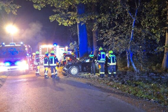 Feuerwehren und Rettungsdienst am Unfallort in Ahausen: schwarze Limousine prallte gegen Baum, Verletzte versorgt.