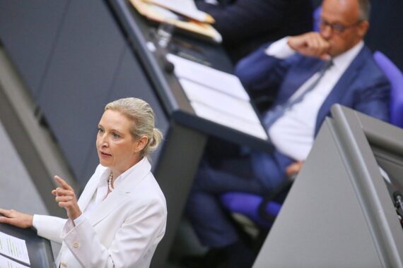 Alice Weidel und Friedrich Merz im Archivfoto; Umfragewerte zur Bundestagswahl und Regierung im Artikel.