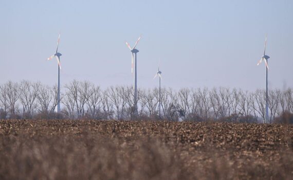 Windräder im Archiv vor deutschem Hintergrund; Hinweis auf geplante Pachtbegrenzung und EEG-Kosten.